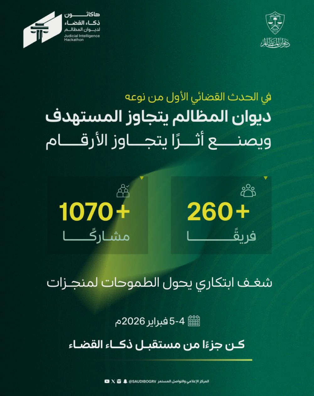 عقول رقمية تتنافس لتحديث العدالة.. أكثر من ألف مبتكر في هاكاثون ذكاء القضاء بديوان المظالم